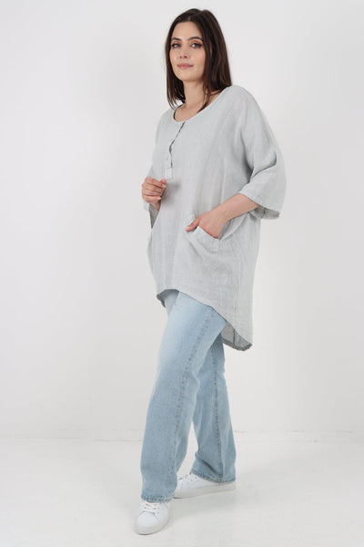 Front Button Down Dip Hem Linen Top - Lashra Fashion