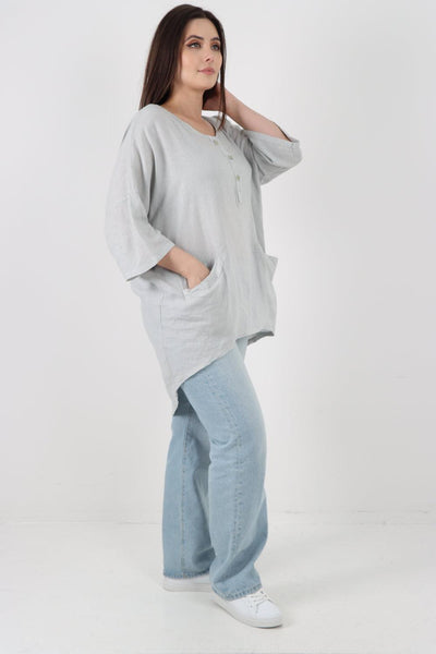 Front Button Down Dip Hem Linen Top - Lashra Fashion