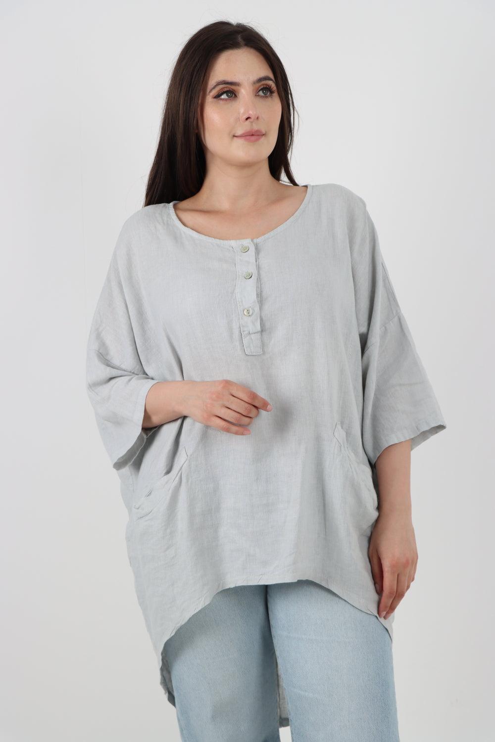 Front Button Down Dip Hem Linen Top - Lashra Fashion