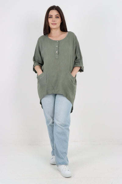 Front Button Down Dip Hem Linen Top - Lashra Fashion