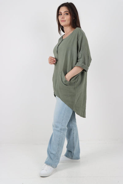 Front Button Down Dip Hem Linen Top - Lashra Fashion