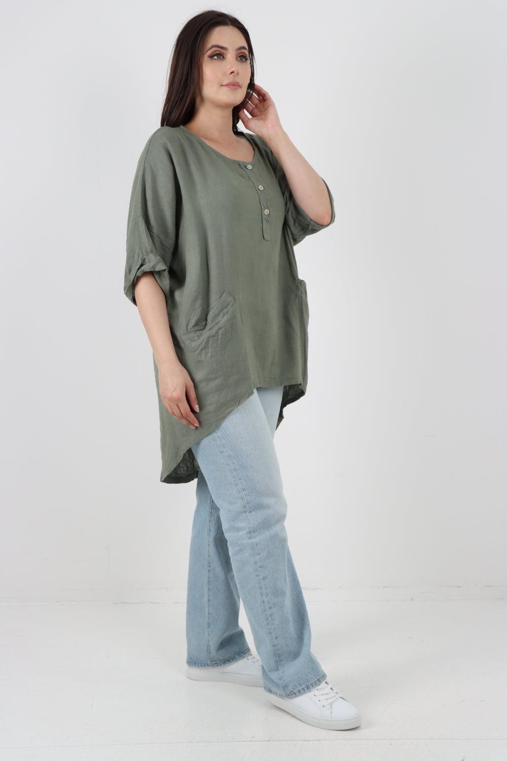 Front Button Down Dip Hem Linen Top - Lashra Fashion