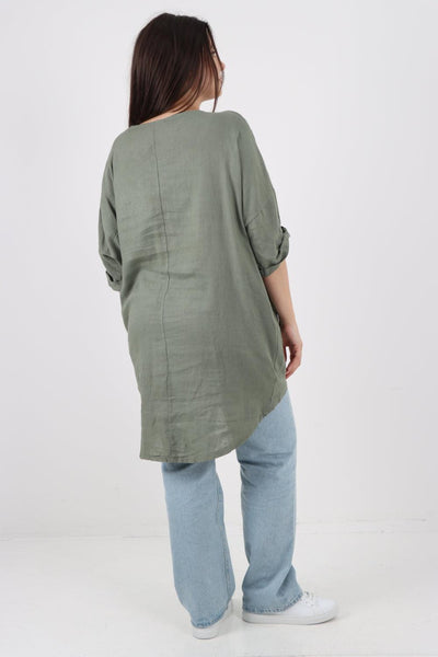 Front Button Down Dip Hem Linen Top - Lashra Fashion