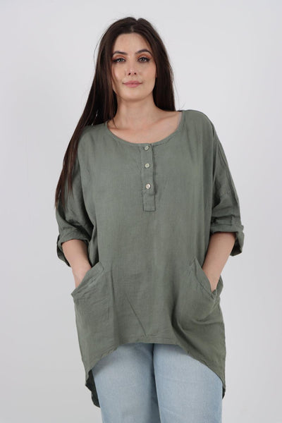 Front Button Down Dip Hem Linen Top - Lashra Fashion