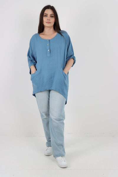 Front Button Down Dip Hem Linen Top - Lashra Fashion