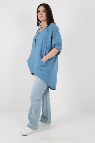 Front Button Down Dip Hem Linen Top - Lashra Fashion