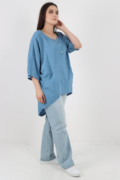 Front Button Down Dip Hem Linen Top - Lashra Fashion