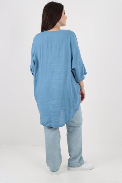 Front Button Down Dip Hem Linen Top - Lashra Fashion