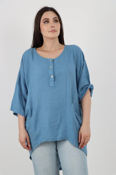 Front Button Down Dip Hem Linen Top - Lashra Fashion