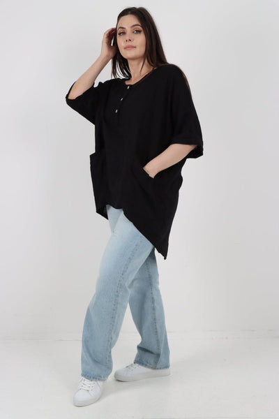 Front Button Down Dip Hem Linen Top - Lashra Fashion