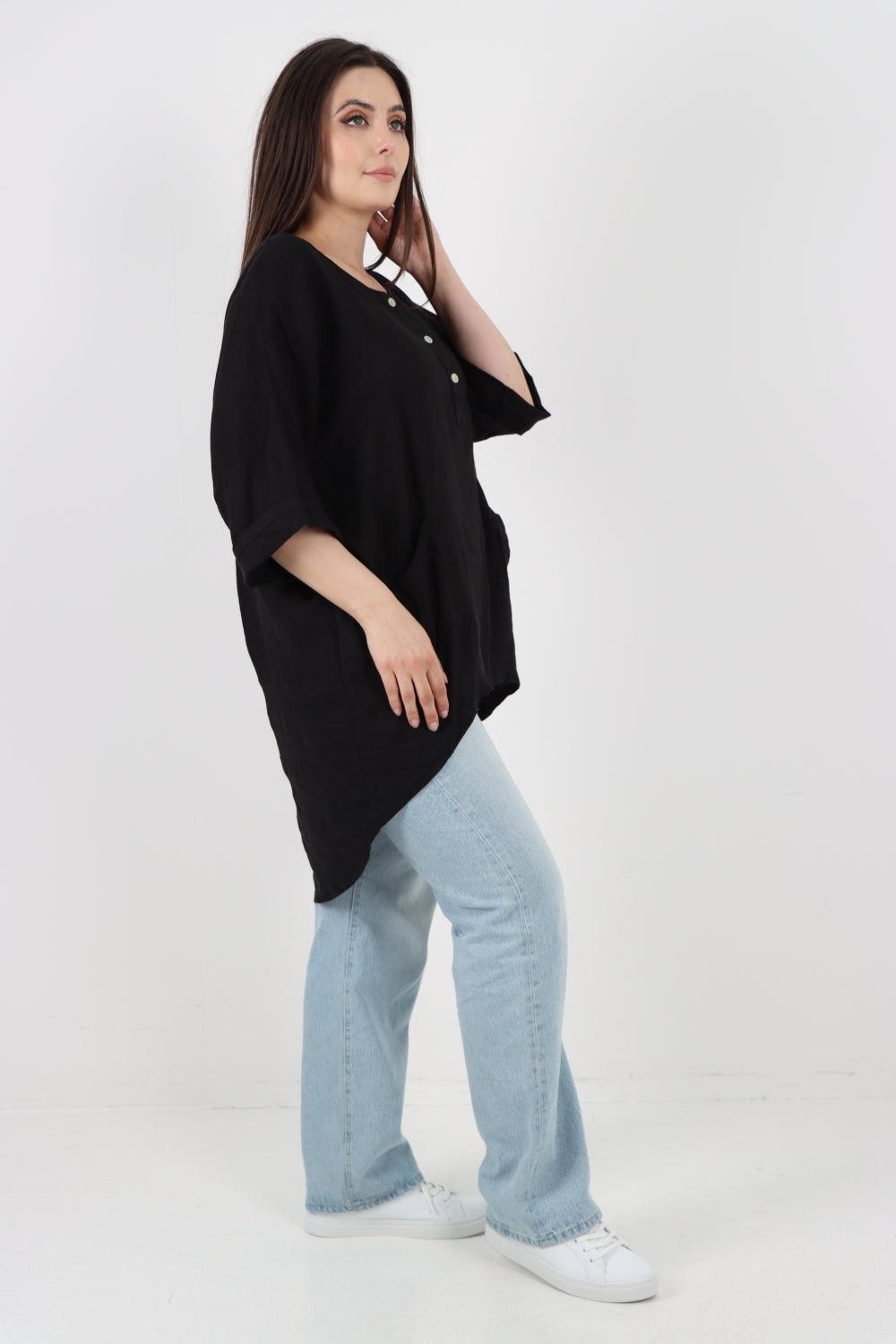 Front Button Down Dip Hem Linen Top - Lashra Fashion