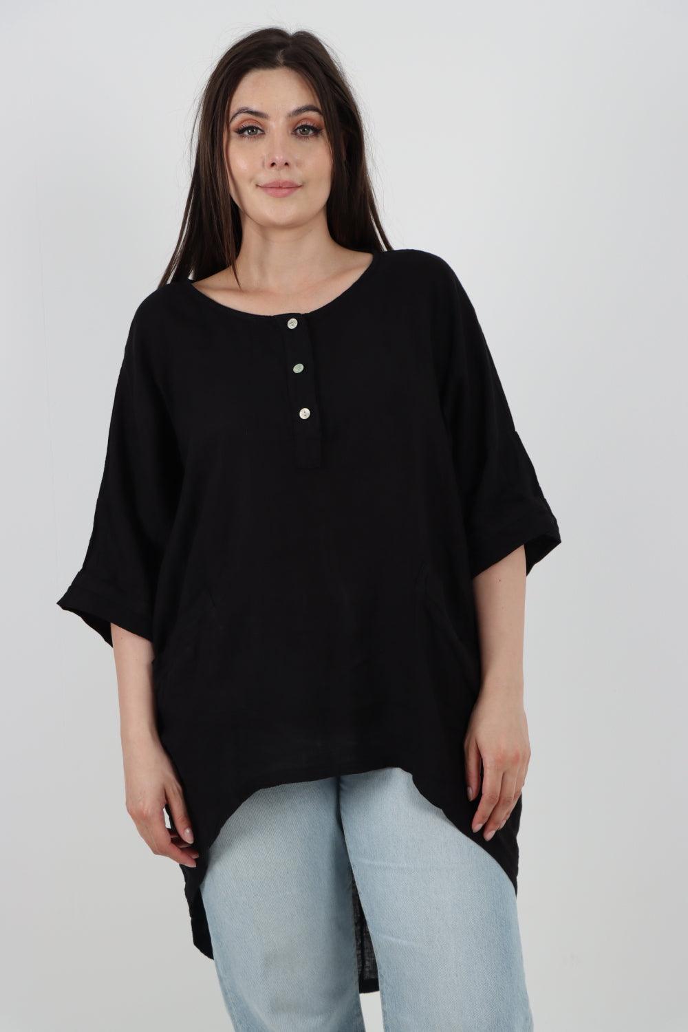 Front Button Down Dip Hem Linen Top - Lashra Fashion