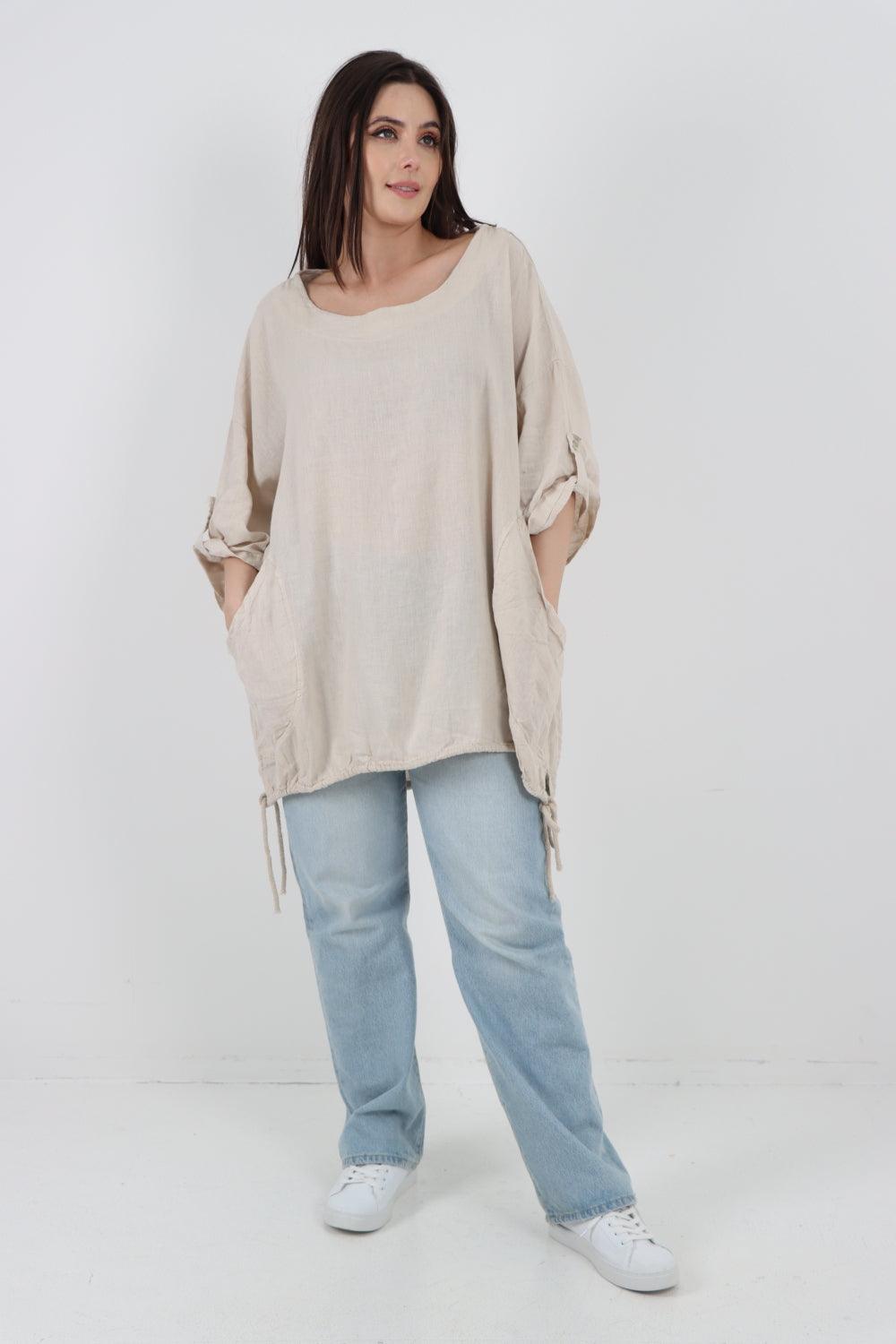 Gathered Hem Round Neck Linen Top - Lashra Fashion