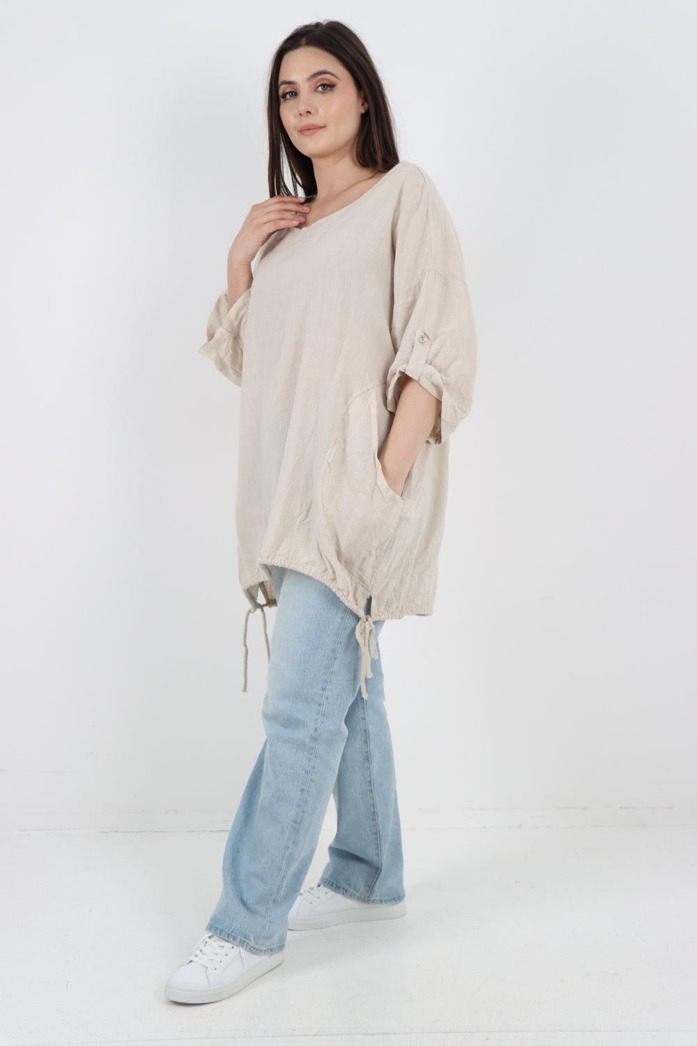 Gathered Hem Round Neck Linen Top - Lashra Fashion