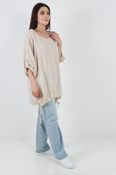 Gathered Hem Round Neck Linen Top - Lashra Fashion