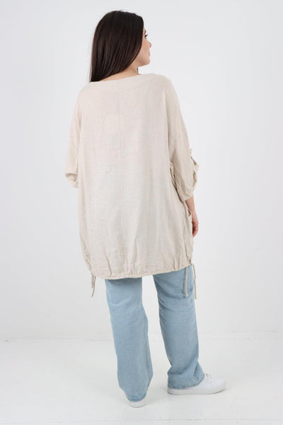 Gathered Hem Round Neck Linen Top - Lashra Fashion