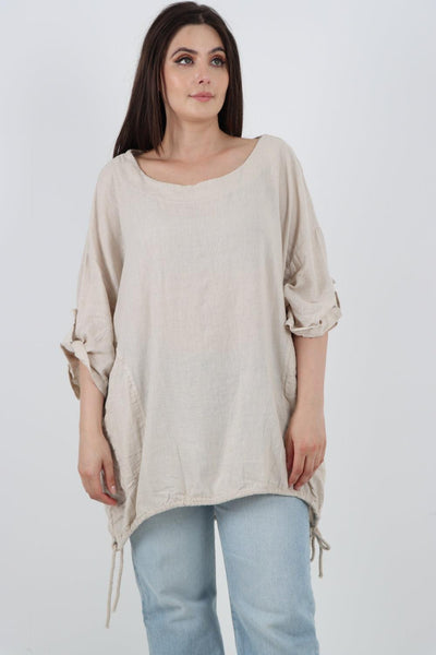 Gathered Hem Round Neck Linen Top - Lashra Fashion