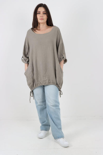 Gathered Hem Round Neck Linen Top - Lashra Fashion