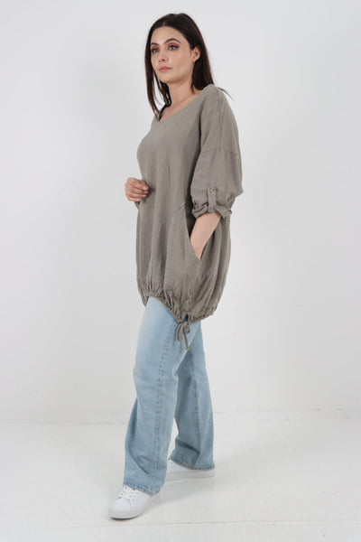 Gathered Hem Round Neck Linen Top - Lashra Fashion