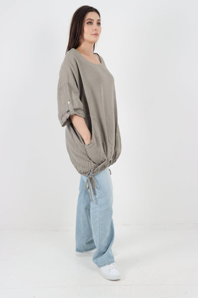 Gathered Hem Round Neck Linen Top - Lashra Fashion