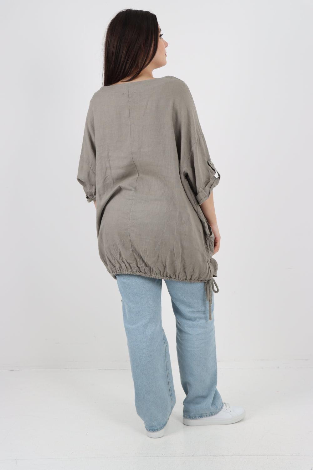 Gathered Hem Round Neck Linen Top - Lashra Fashion