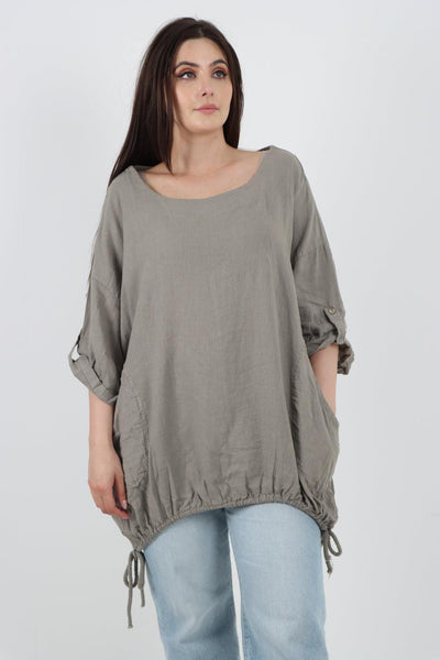 Gathered Hem Round Neck Linen Top - Lashra Fashion