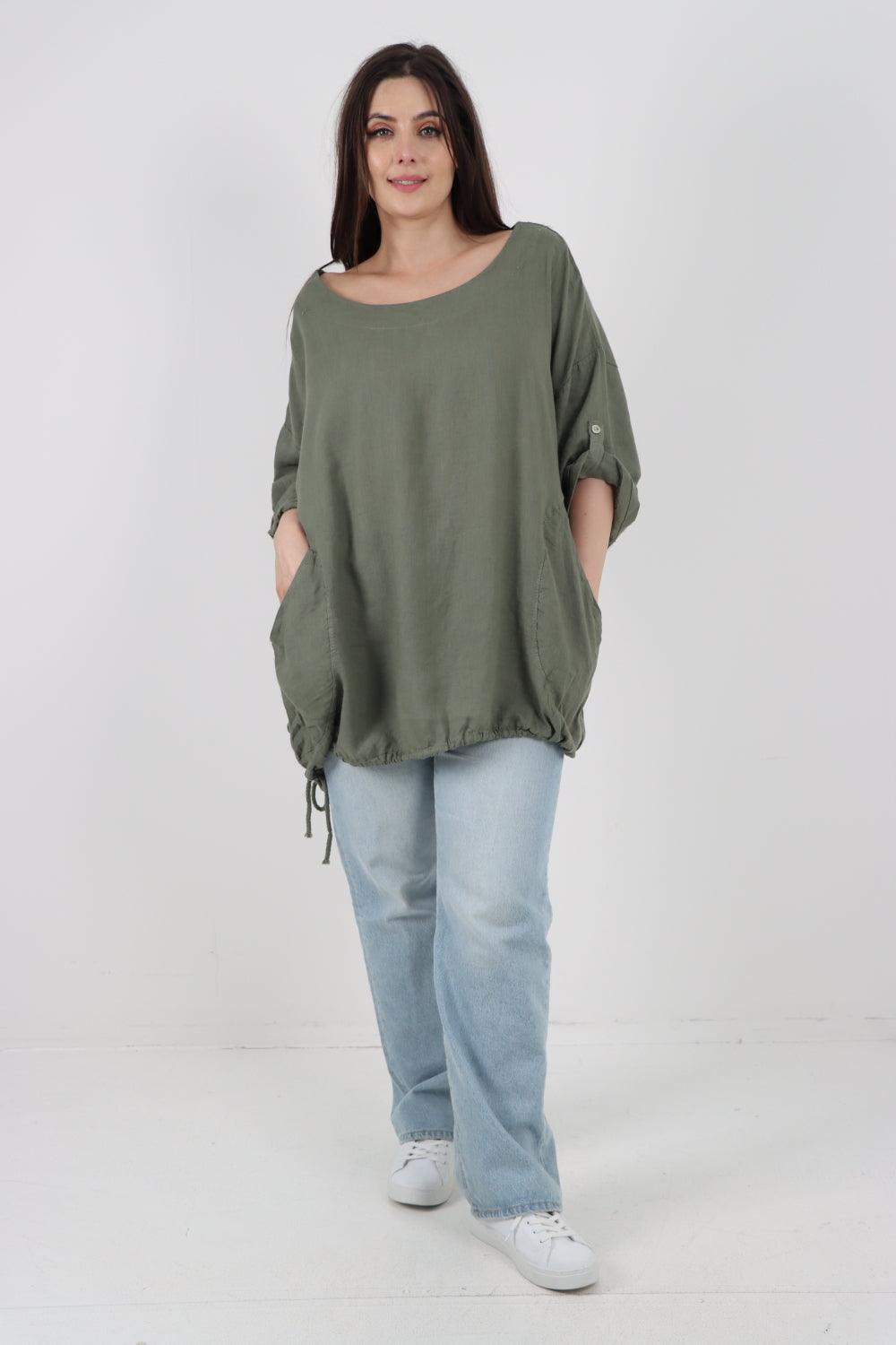 Gathered Hem Round Neck Linen Top - Lashra Fashion