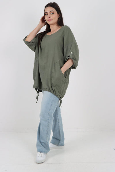 Gathered Hem Round Neck Linen Top - Lashra Fashion