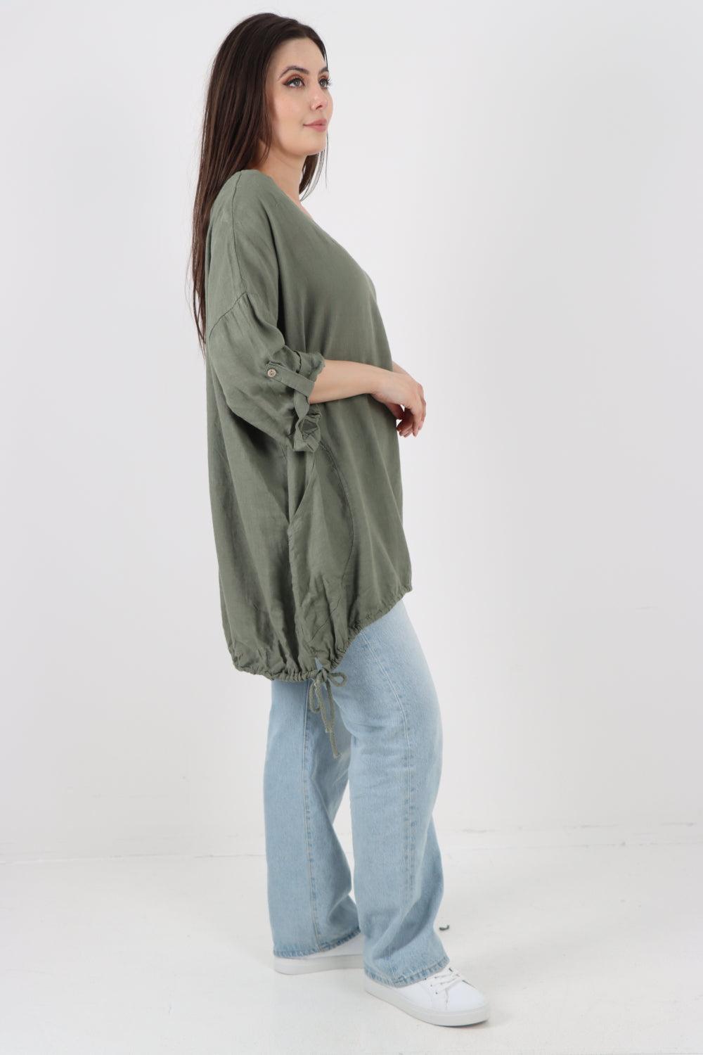 Gathered Hem Round Neck Linen Top - Lashra Fashion