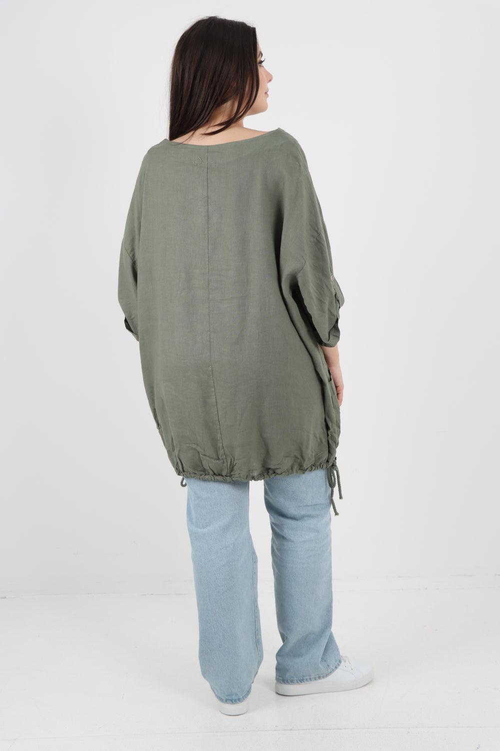 Gathered Hem Round Neck Linen Top - Lashra Fashion