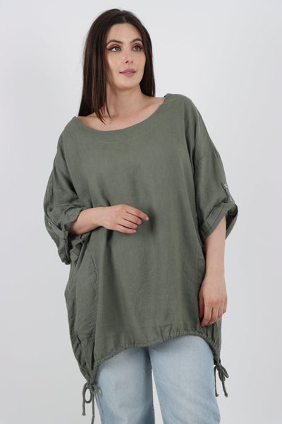 Gathered Hem Round Neck Linen Top - Lashra Fashion