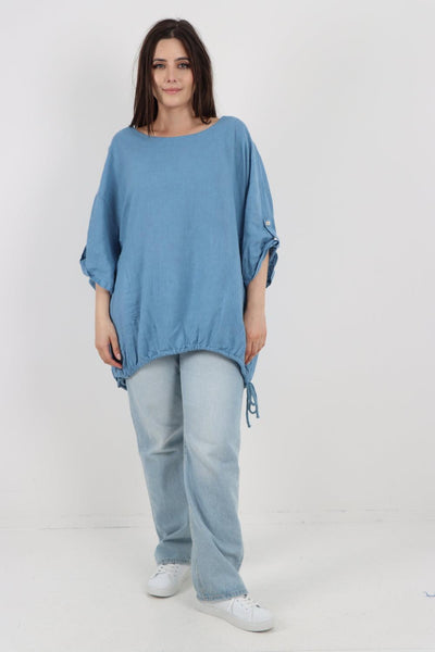 Gathered Hem Round Neck Linen Top - Lashra Fashion