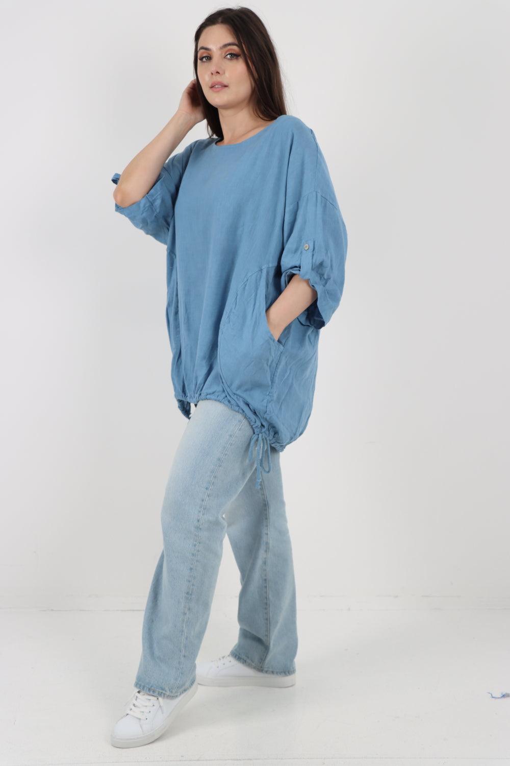 Gathered Hem Round Neck Linen Top - Lashra Fashion