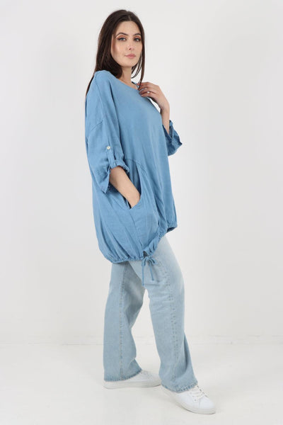 Gathered Hem Round Neck Linen Top - Lashra Fashion