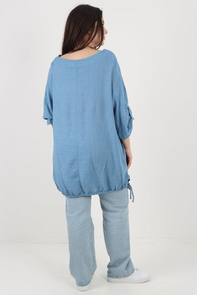 Gathered Hem Round Neck Linen Top - Lashra Fashion