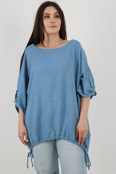 Gathered Hem Round Neck Linen Top - Lashra Fashion