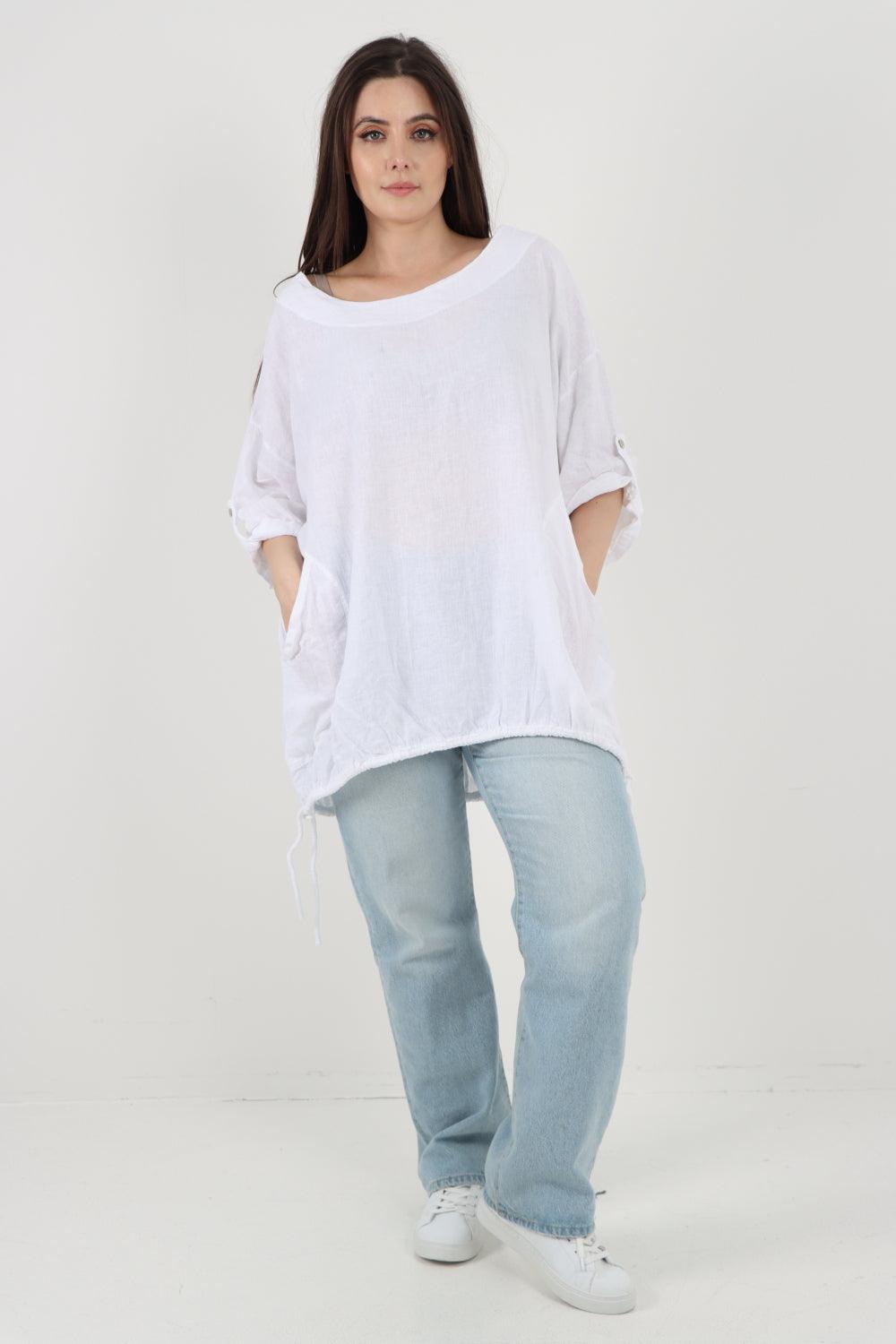 Gathered Hem Round Neck Linen Top - Lashra Fashion