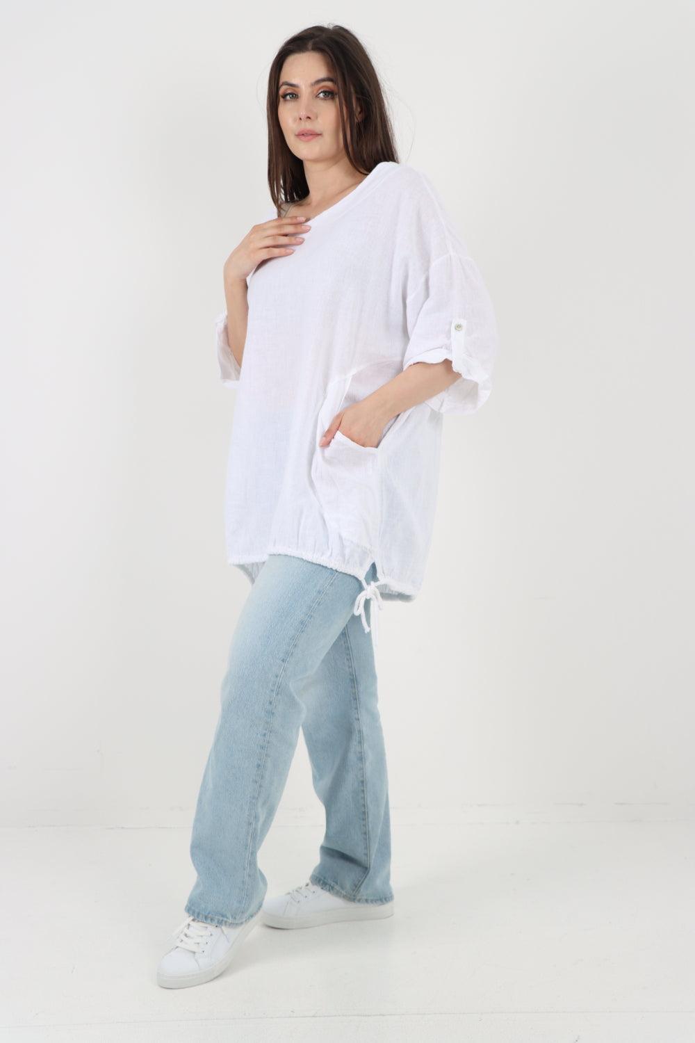 Gathered Hem Round Neck Linen Top - Lashra Fashion