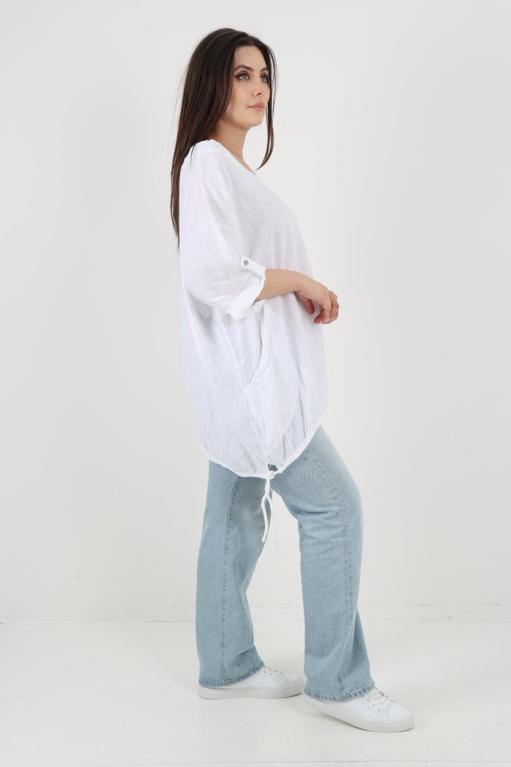 Gathered Hem Round Neck Linen Top - Lashra Fashion