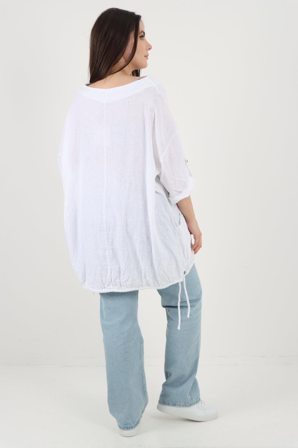 Gathered Hem Round Neck Linen Top - Lashra Fashion