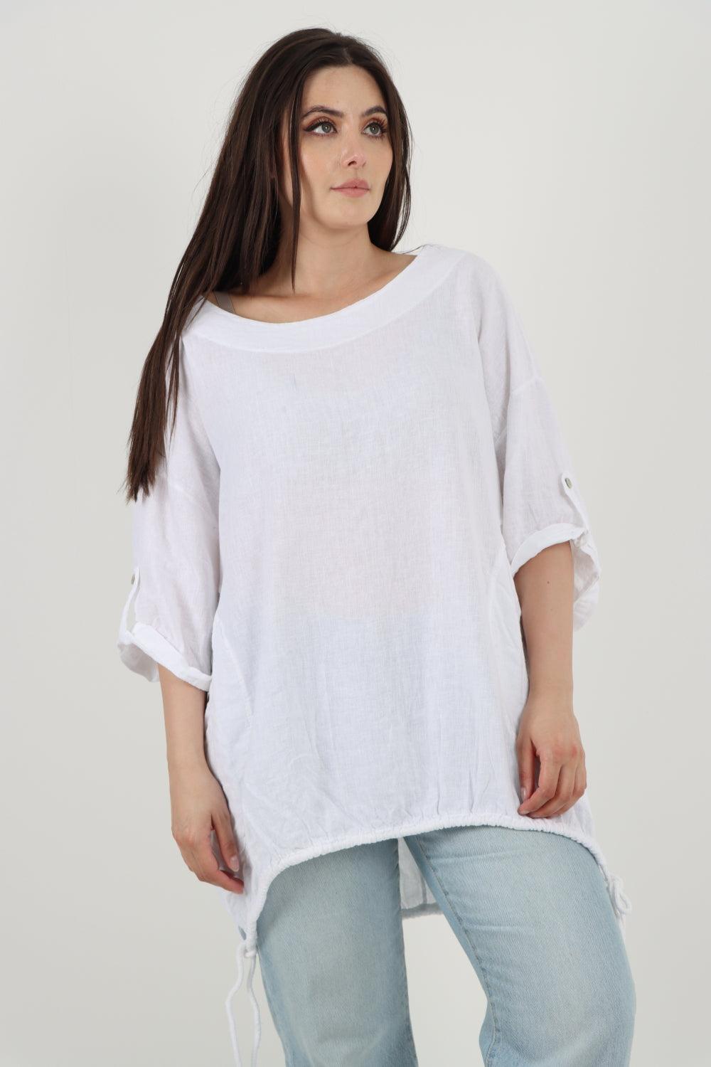 Gathered Hem Round Neck Linen Top - Lashra Fashion