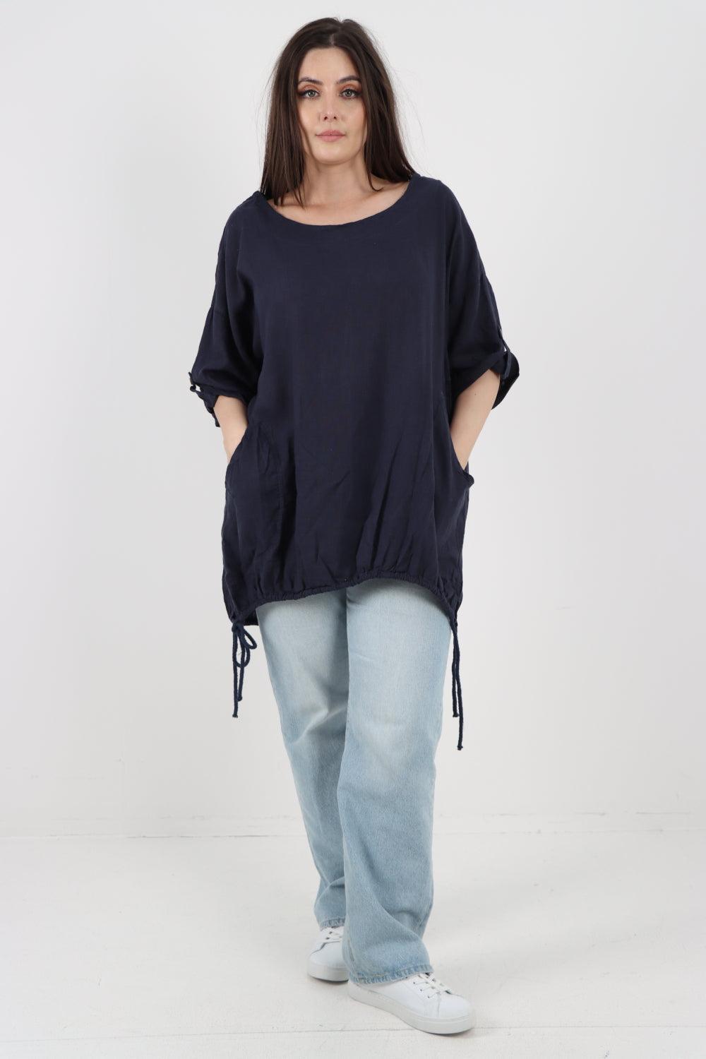 Gathered Hem Round Neck Linen Top - Lashra Fashion