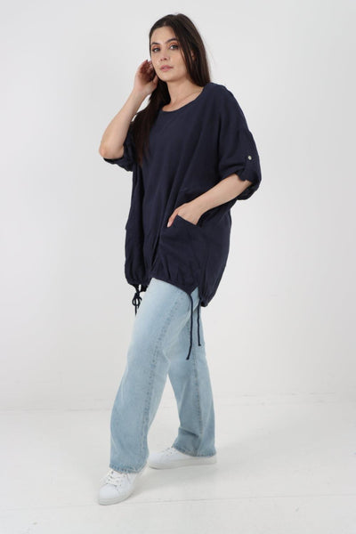 Gathered Hem Round Neck Linen Top - Lashra Fashion