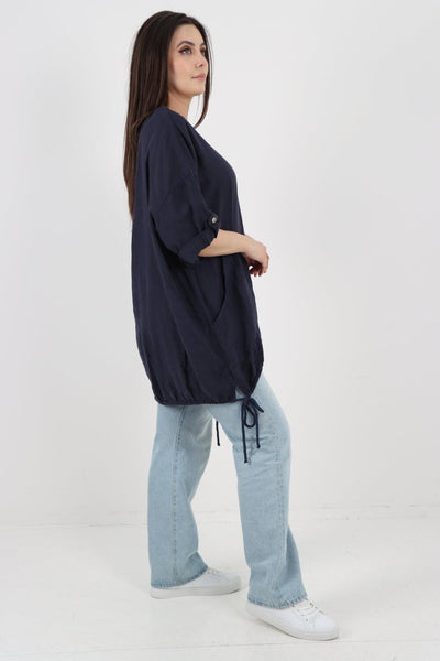 Gathered Hem Round Neck Linen Top - Lashra Fashion