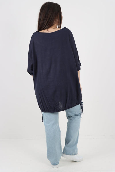 Gathered Hem Round Neck Linen Top - Lashra Fashion