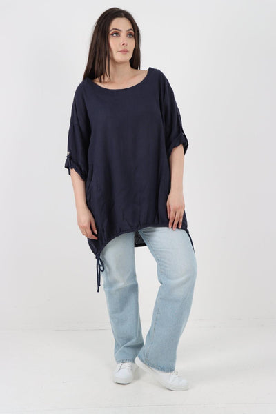 Gathered Hem Round Neck Linen Top - Lashra Fashion