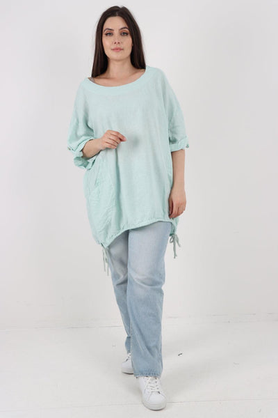 Gathered Hem Round Neck Linen Top - Lashra Fashion