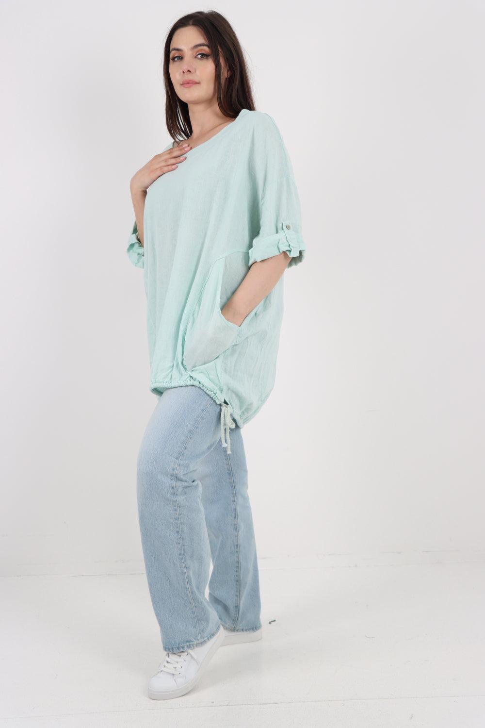 Gathered Hem Round Neck Linen Top - Lashra Fashion