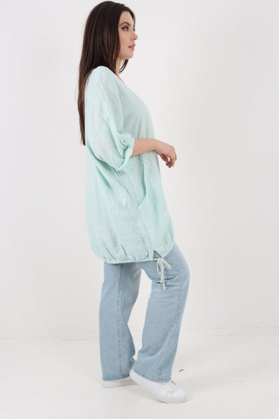 Gathered Hem Round Neck Linen Top - Lashra Fashion