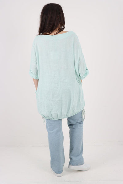 Gathered Hem Round Neck Linen Top - Lashra Fashion